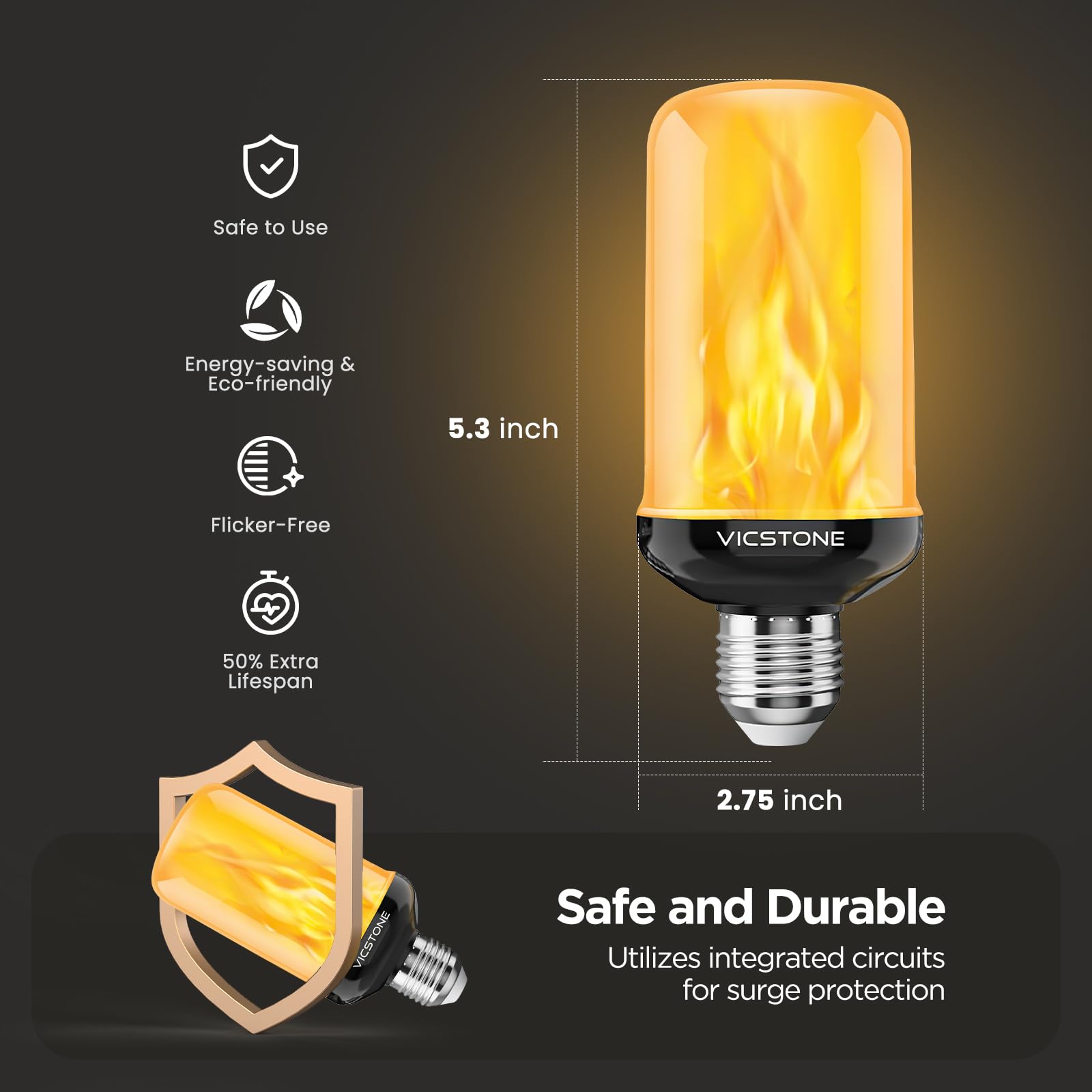 Vicstone Dusk to Dawn LED Flame Light Bulbs, 2 Pack E26, 4 Modes Flickering Effect for Halloween & Christmas Indoor/Outdoor Decor